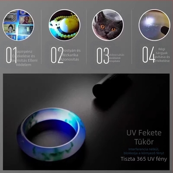 UV fluoreszcens detektáló zseblámpa bankjegyekhez, ékszerekhez és jáde-hez – ultraviola és kék fény, LED, újratölthető, legfeljebb 50 m hatótávolság, fényerő legfeljebb 100 lm