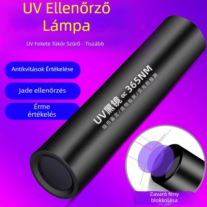UV fluoreszcens detektáló zseblámpa bankjegyekhez, ékszerekhez és jáde-hez – ultraviola és kék fény, LED, újratölthető, legfeljebb 50 m hatótávolság, fényerő legfeljebb 100 lm
