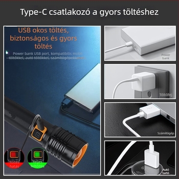 LED zseblámpa alumíniumötvözet testtel, zoom, újratölthető, 200–500 m hatótáv