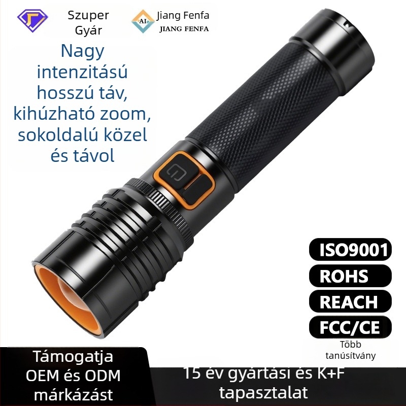 LED zseblámpa alumíniumötvözet testtel, zoom, újratölthető, 200–500 m hatótáv