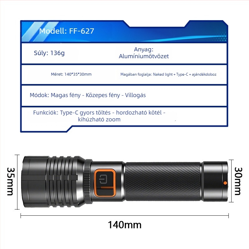 LED zseblámpa alumíniumötvözet testtel, zoom, újratölthető, 200–500 m hatótáv