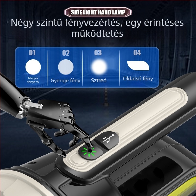 Hordozható LED zseblámpa hosszú hatótávolsággal, USB töltés, 1800mAh, ABS ház, 200–500 m hatótáv