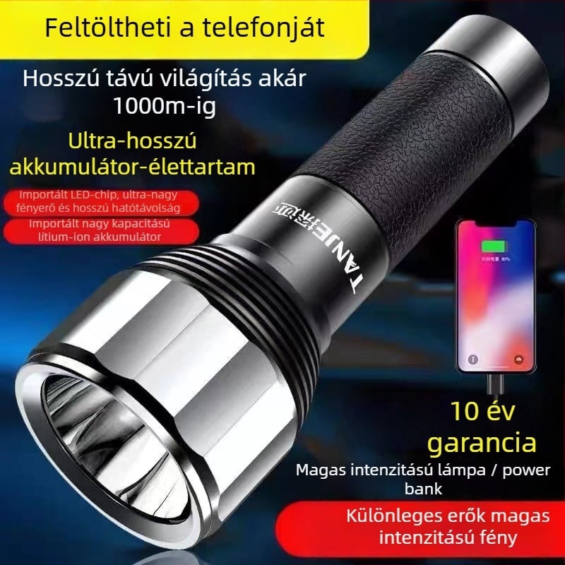 LED zseblámpa 4200mAh újratölthető akkumulátorral, kézi generátoros töltéssel, 10W, alumíniumötvözet, kültéri hosszú hatótávolsággal