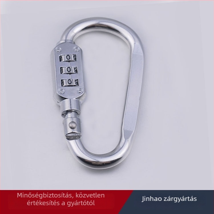 Mechanikus háromjegyű jelszavas zár karabinerrel, HE02 modell, anyaga: alumíniumötvözet + cinkötvözet; zárókar vastagsága 6; zárókar távolsága 64 × 24