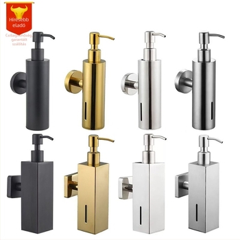 Rozsdamentes acél szappanadagoló, falra szerelhető, kézi nyomású működés, polírozott felület, modern minimális stílus