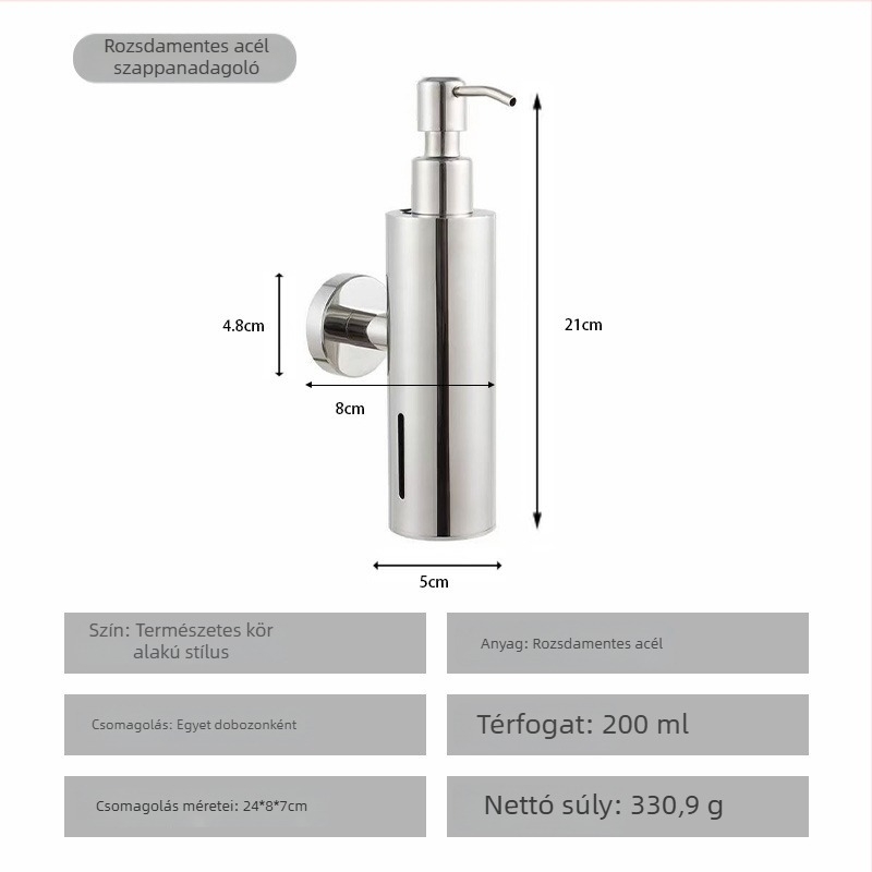 Rozsdamentes acél szappanadagoló, falra szerelhető, kézi nyomású működés, polírozott felület, modern minimális stílus