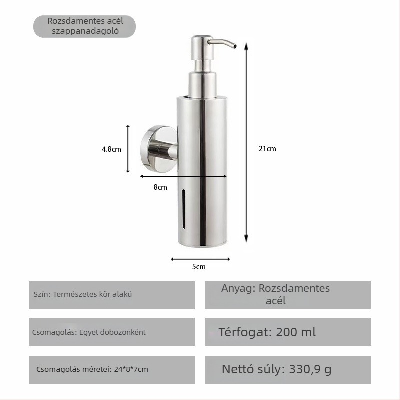 Rozsdamentes acél szappanadagoló, falra szerelhető, kézi nyomású működés, polírozott felület, modern minimális stílus