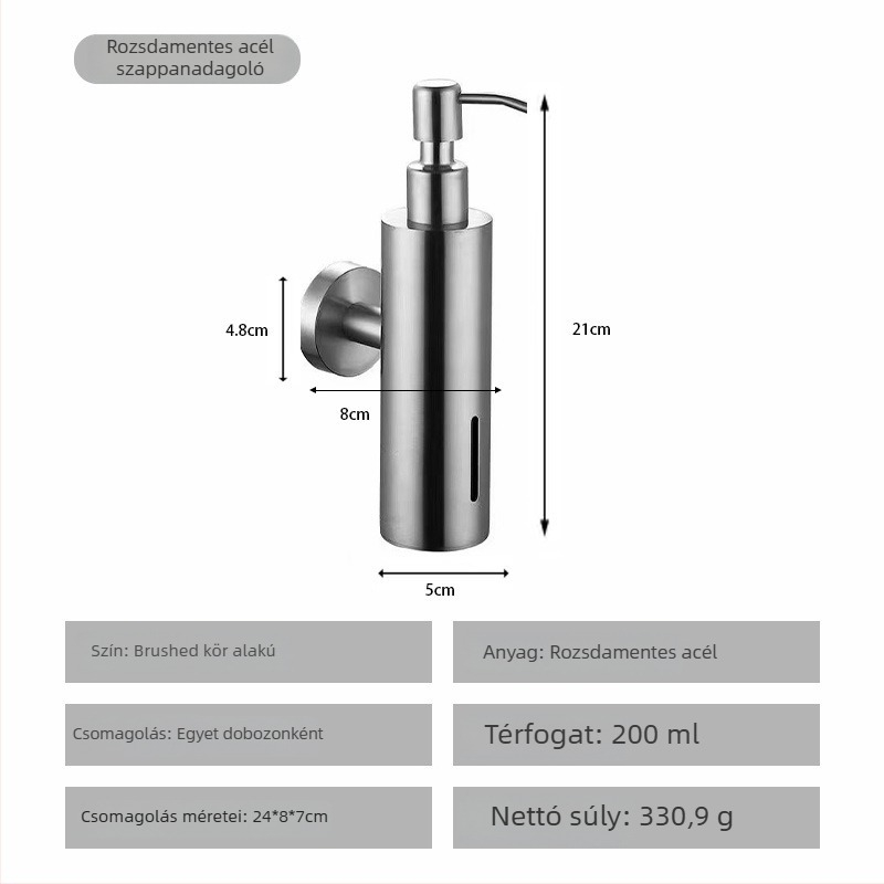 Rozsdamentes acél szappanadagoló, falra szerelhető, kézi nyomású működés, polírozott felület, modern minimális stílus