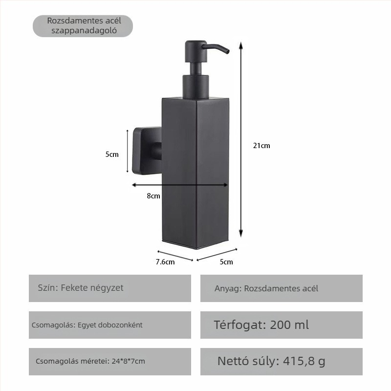 Rozsdamentes acél szappanadagoló, falra szerelhető, kézi nyomású működés, polírozott felület, modern minimális stílus