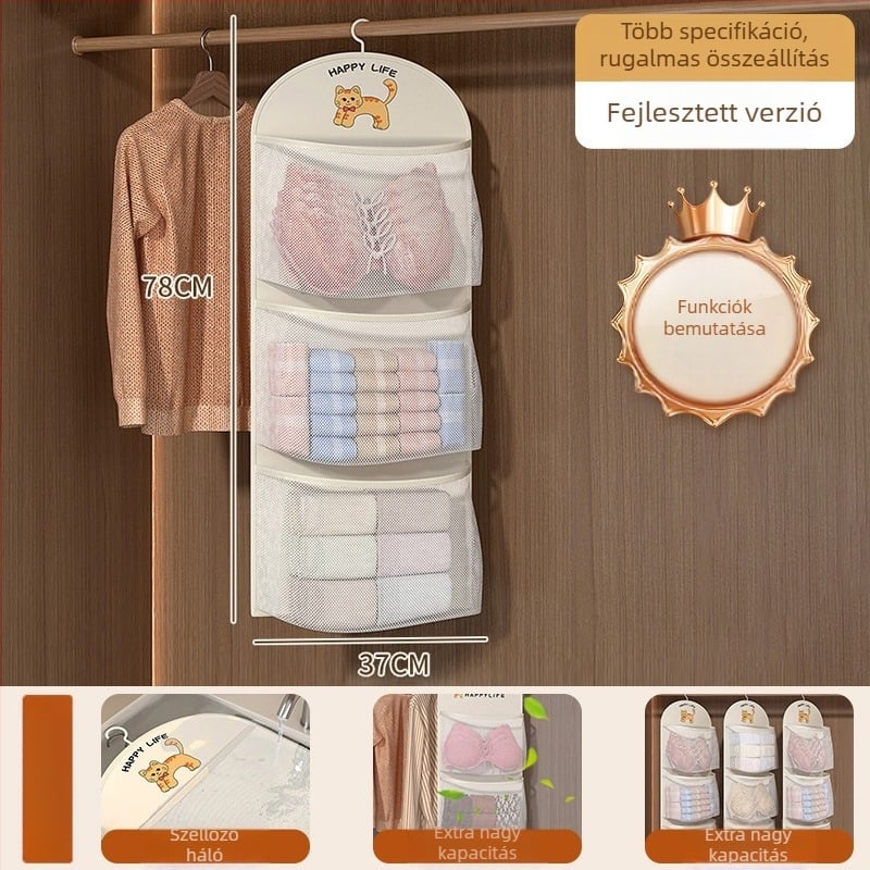 Függő ruhatár-szervező egyetemi kollégiumhoz, fehérnemű és zokni tároló, modern minimalist stílus