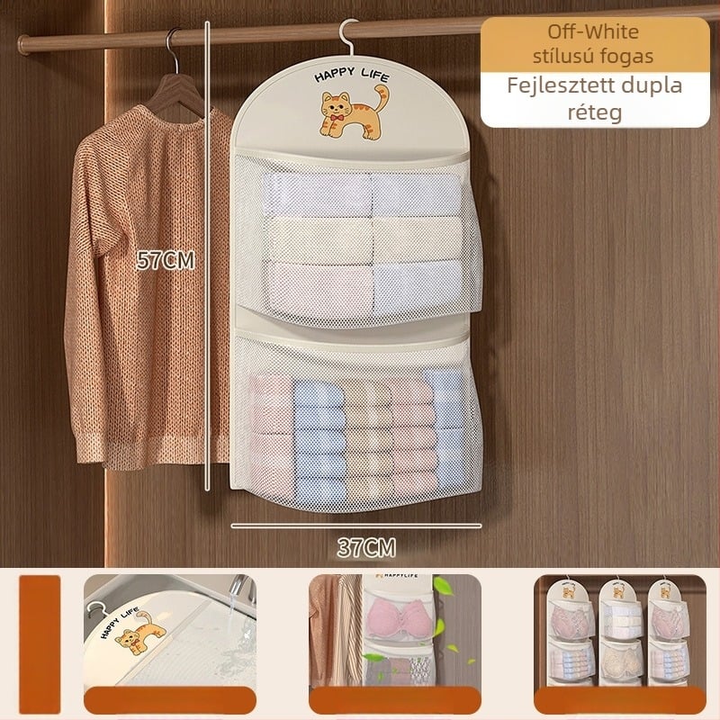 Függő ruhatár-szervező egyetemi kollégiumhoz, fehérnemű és zokni tároló, modern minimalist stílus