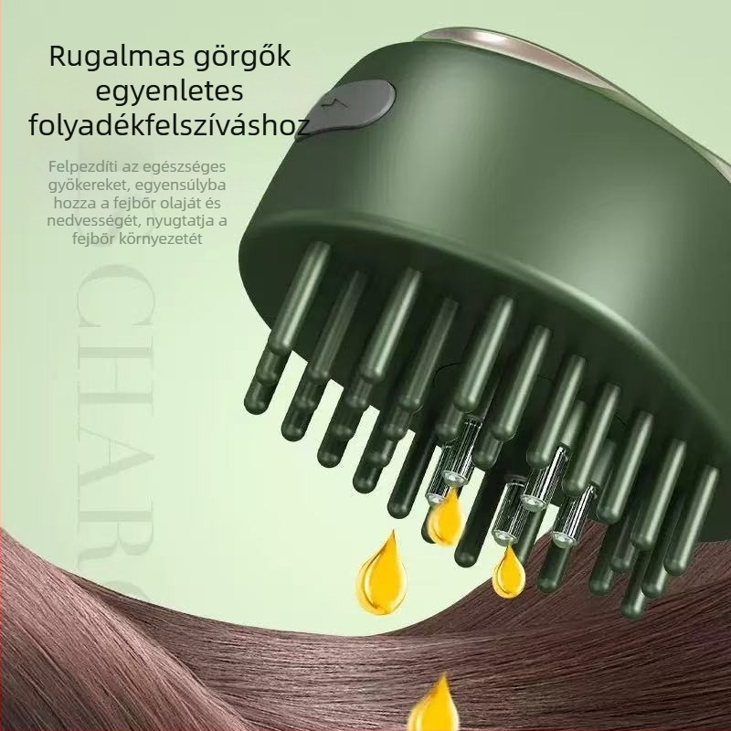 Elektronikus hajapplikátor rollerrel illóolajhoz a fejbőr ápolására, modell 665, tömeg 35–40 g, méretek 7.8 × 5.6 × 5.2 cm, Hatékonyság: zsírosodás elleni kontroll, korpásodás elleni, viszketés elleni, fejbőr nyugtatása