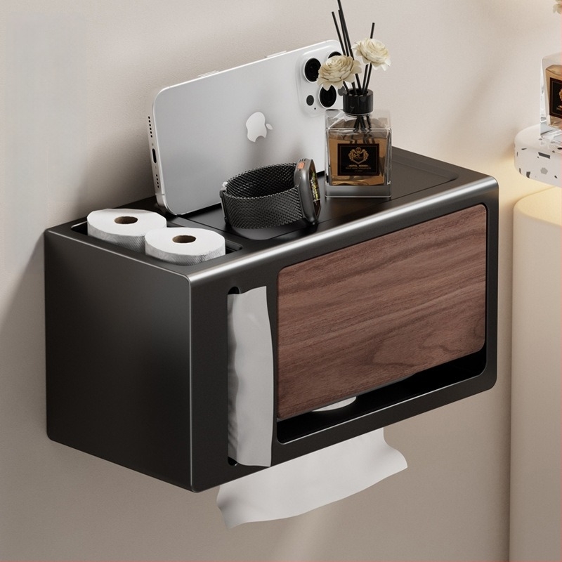 Fali szerelés nélküli vécépapírtartó fedővel, diófa mintázatú, vízálló, négyzetes alak, anyag: szénacél + ABS