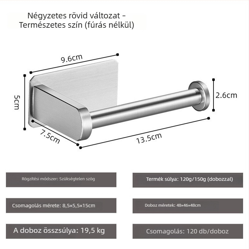 Yong Qi rozsdamentes acél 304 toalettpapír tartó, falra szerelhető, öntapadó, négyzetes kialakítás