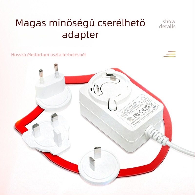 12V 2A tápegység cserélhető fejjel, falra szerelhető 24W, DC-kábel 1,2 m, csatlakozó 5,5×2,1 mm