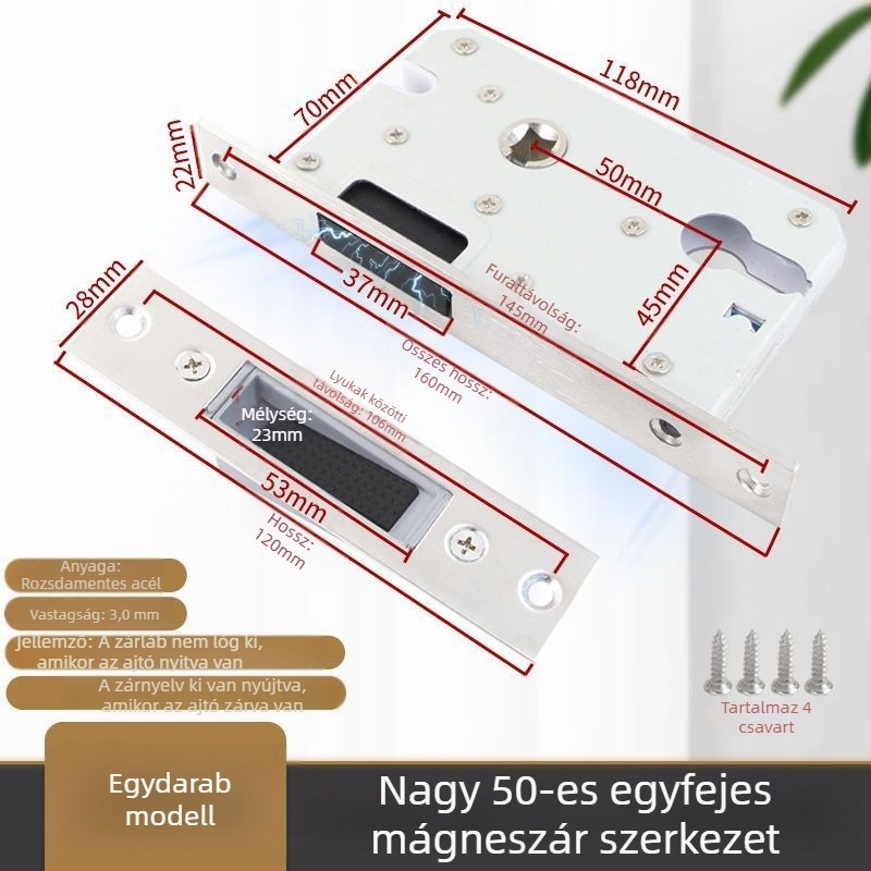 Fa ajtókhoz készült zártest, rozsdamentes acél, mágneses hangtalan működés, modell CXST-001, tömeg 200–400 g