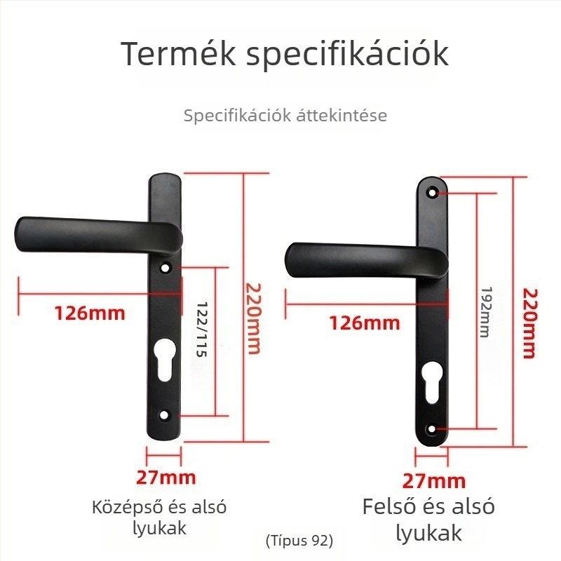 Alumínium‑ötvözetes erkélyajtó fogantyú zárval, Plastic-Steel modell, 85/92‑típusú egypontos zár, szobai/erkély üvegajtókhoz