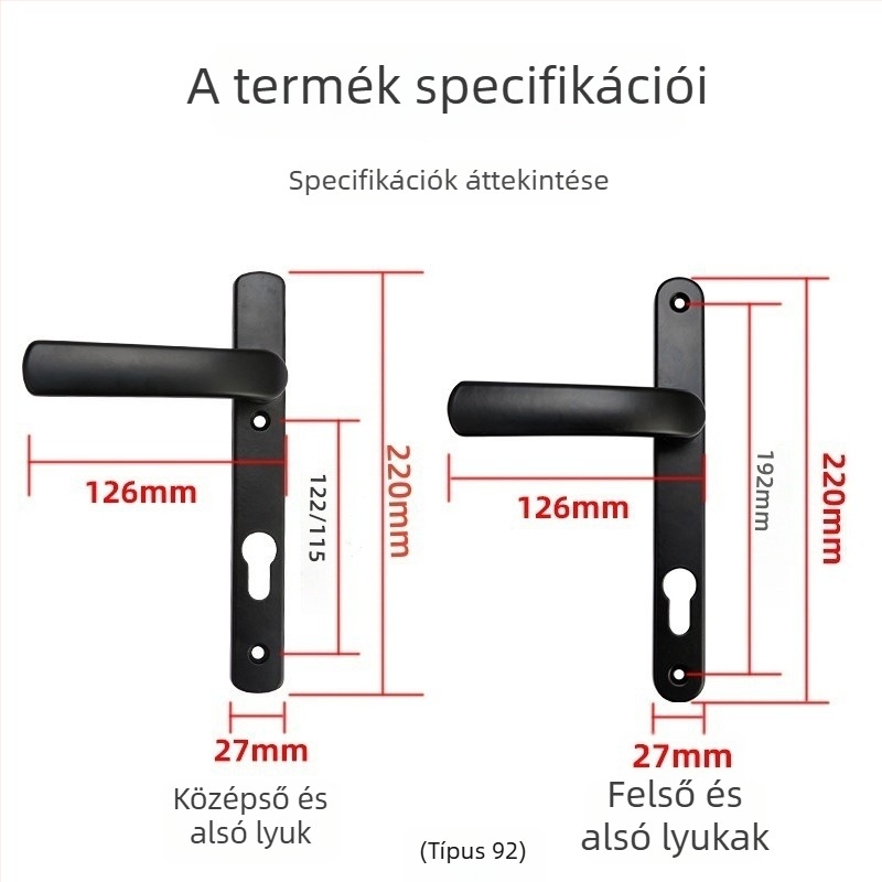 Alumínium‑ötvözetes erkélyajtó fogantyú zárval, Plastic-Steel modell, 85/92‑típusú egypontos zár, szobai/erkély üvegajtókhoz