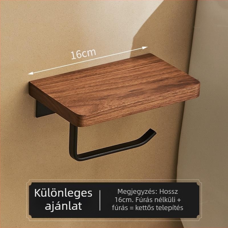 Fali WC-papírtartó és zsebkendőtartó – fúrtmentes, négyzetes kialakítás, könnyed luxus stílus, anyag: fa és alumínium