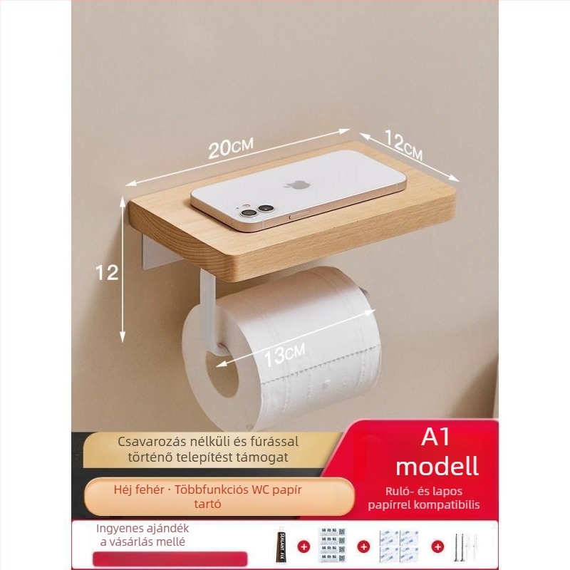 Fali WC-papírtartó és zsebkendőtartó – fúrtmentes, négyzetes kialakítás, könnyed luxus stílus, anyag: fa és alumínium