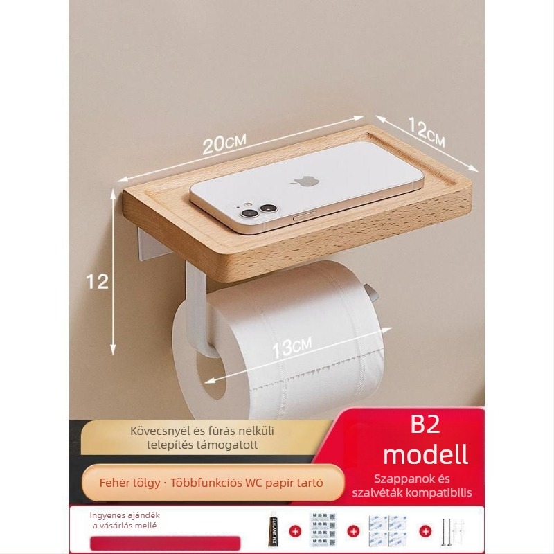 Fali WC-papírtartó és zsebkendőtartó – fúrtmentes, négyzetes kialakítás, könnyed luxus stílus, anyag: fa és alumínium