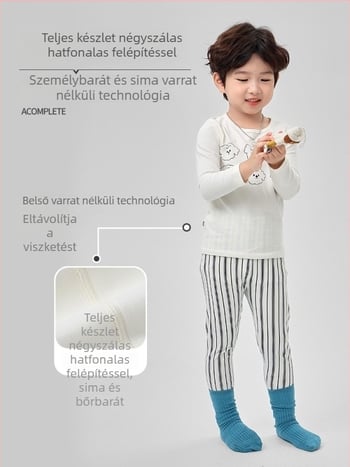 Gyerekeknek szóló pizsama szett Lycra anyaggal, bolyhosított pamut, 95% pamut, csíkos és karikatúra mintázat, 3–8 éveseknek