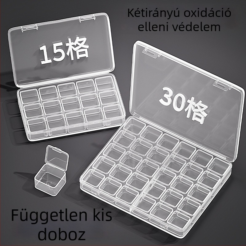 Ékszertároló doboz, átlátszó, fedéllel, halmozható, rekeszekkel