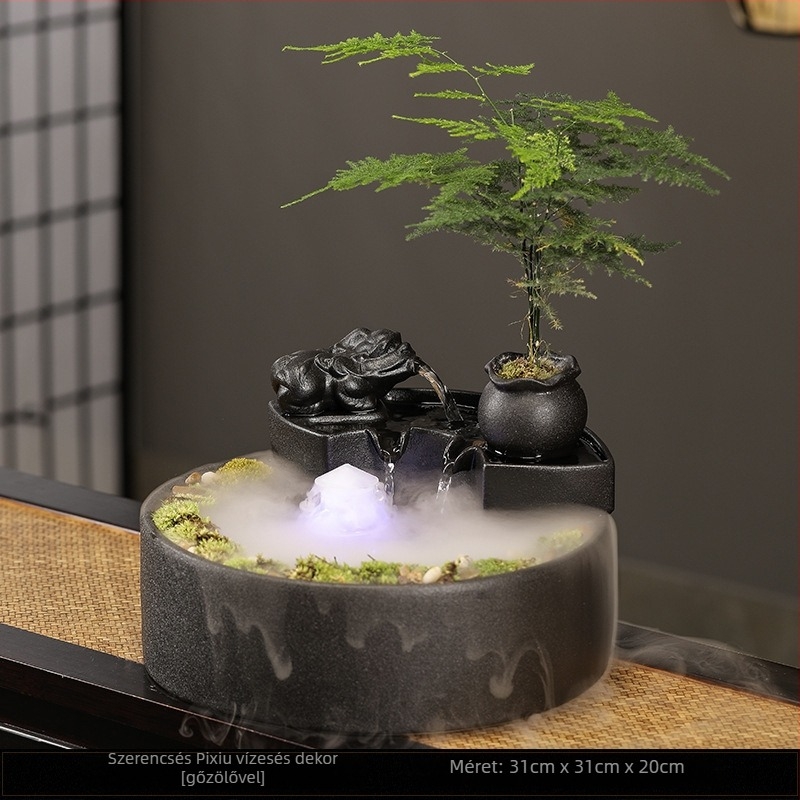 Kerámiából készült asztali vízfolyásos szökőkút – mini tájkép, mázolt és festett, új kínai stílusban (Anyag: Kerámia; Felület: Mázas; Készítés: Festett; Stílus: Új kínai stílus)