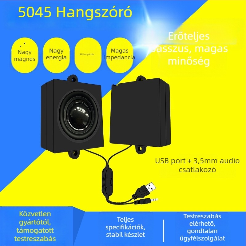 USB-táplált számítógépes hangszóró, 4 Ω, 3 W, frekvencia 10–25000 Hz, 5V USB tápellátás