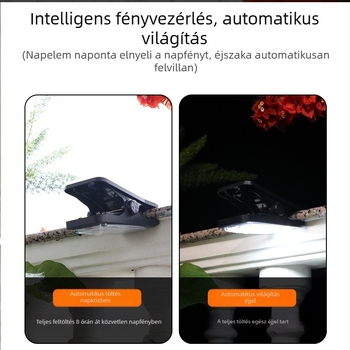 Napelemes klipszlámpa mozgásérzékelővel kültéri használatra – vízálló falikar kerítéshez, fehér/meleg fény, 5W, 3.7V, 6–12 órás világítás