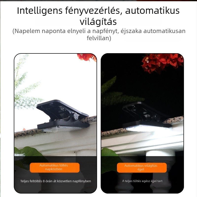 Napelemes klipszlámpa mozgásérzékelővel kültéri használatra – vízálló falikar kerítéshez, fehér/meleg fény, 5W, 3.7V, 6–12 órás világítás