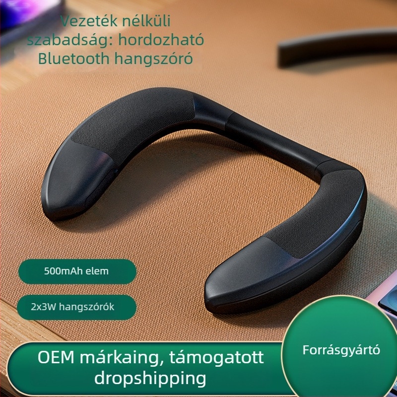 Nyakba akasztható Bluetooth hangszóró textilborítással, hordozható, sztereó, összteljesítmény 6W, frekvenciasáv 40 Hz–20 kHz, hatótávolság 20 m, IPX4