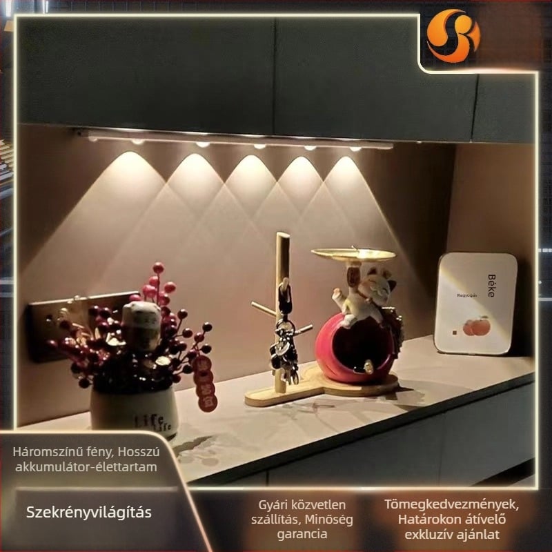 LED mozgásérzékelős szekrényvilágítás, ultra vékony, újratölthető, öntapadós, éjszakai fény, Detektálás, Beépített akkumulátor, Érintéses kapcsoló, Műanyag ház
