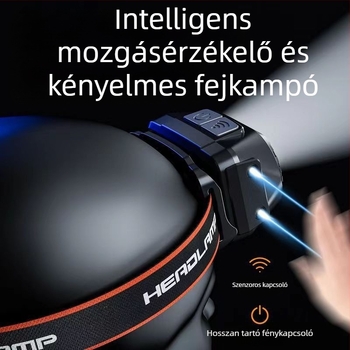 Két LED-es fejfény, újratölthető, Type-C töltés, 360° forgás, hatótáv 100–200 m, kézi energiatermelés