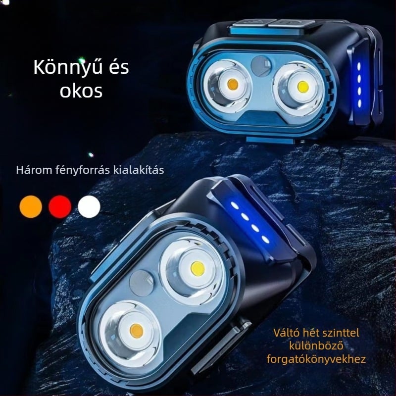 Két LED-es fejfény, újratölthető, Type-C töltés, 360° forgás, hatótáv 100–200 m, kézi energiatermelés