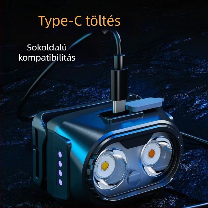 Két LED-es fejfény, újratölthető, Type-C töltés, 360° forgás, hatótáv 100–200 m, kézi energiatermelés