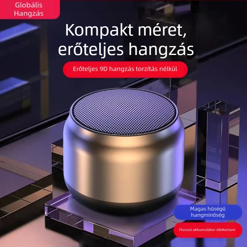 Bluetooth mini hangszóró, kimenet 5W, beépített 800–1000mAh akkumulátor, frekvenciaválasz 100Hz–20kHz, hatótávolság 10m