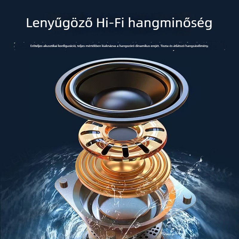 Bluetooth mini hangszóró, kimenet 5W, beépített 800–1000mAh akkumulátor, frekvenciaválasz 100Hz–20kHz, hatótávolság 10m