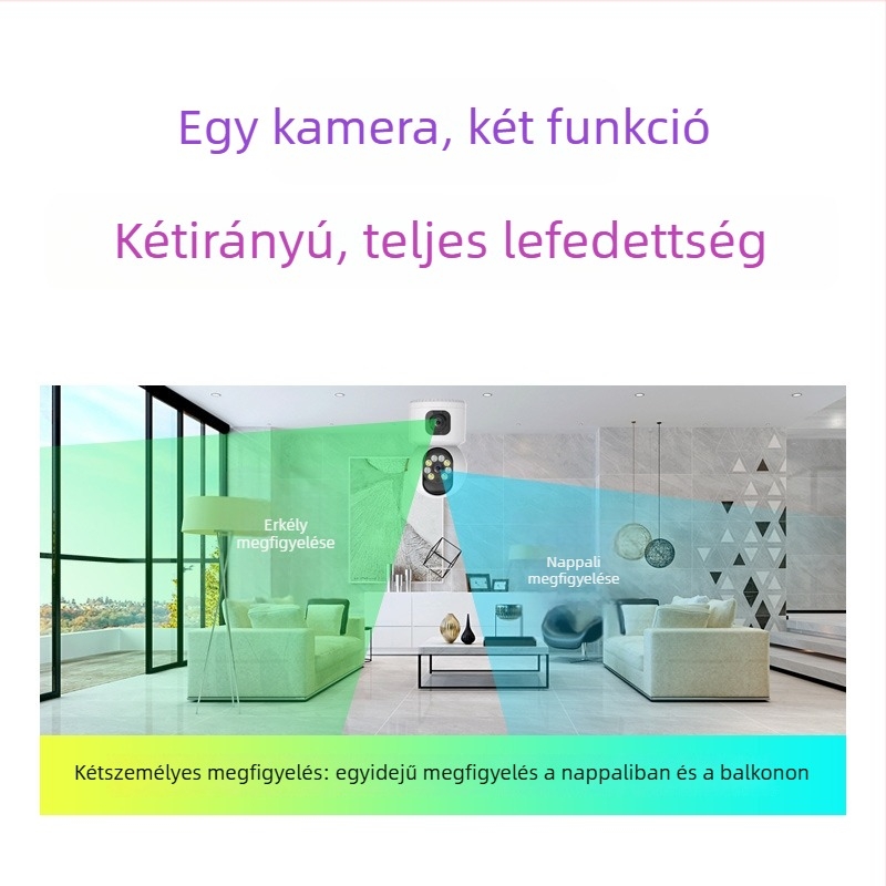 Beltéri megfigyelésre kettős objektív kamera, Wi‑Fi és hozzáférés telefonon keresztül; 0.01 lux minimális megvilágítás; SNR > 48 dB; -10…50°C; Háttérvilágítás-kompenzáció; Riasztó funkció