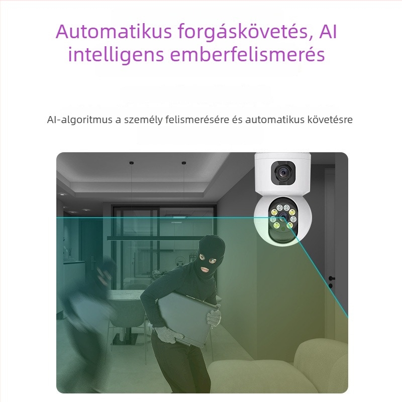 Beltéri megfigyelésre kettős objektív kamera, Wi‑Fi és hozzáférés telefonon keresztül; 0.01 lux minimális megvilágítás; SNR > 48 dB; -10…50°C; Háttérvilágítás-kompenzáció; Riasztó funkció