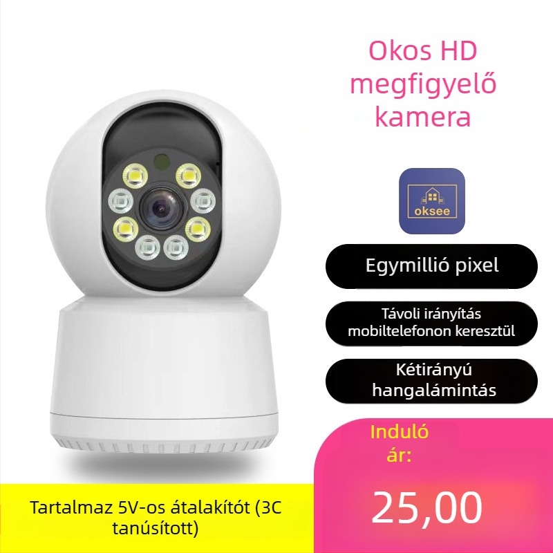 Beltéri megfigyelésre kettős objektív kamera, Wi‑Fi és hozzáférés telefonon keresztül; 0.01 lux minimális megvilágítás; SNR > 48 dB; -10…50°C; Háttérvilágítás-kompenzáció; Riasztó funkció