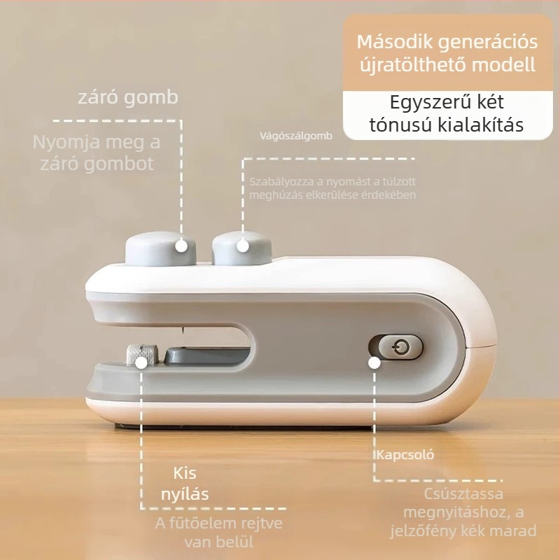 Mini záró- és vágó készülék műanyag csomagoláshoz, gyors melegítés, 3,7V újratölthető, 16W, ABS ház, modell TX-006