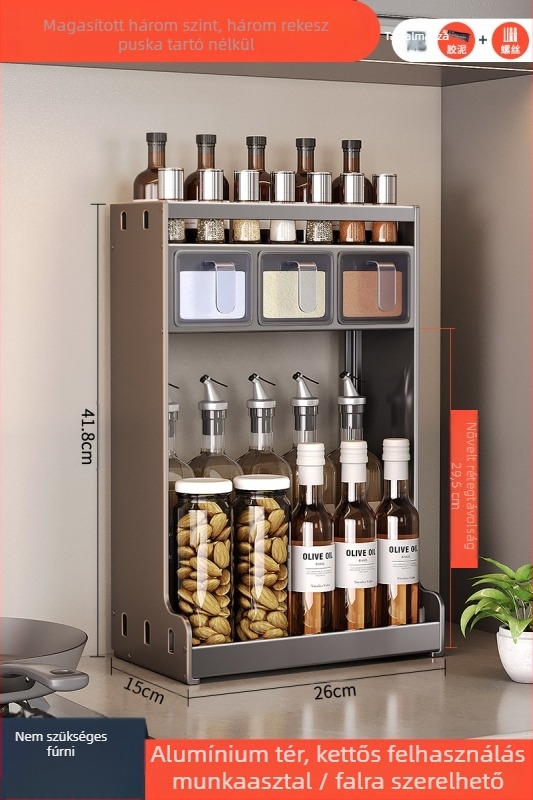 Fali fűszertartó — Ermo, rozsdamentes acél, fúrás nélkül, többszintes, modern minimalista dizájn