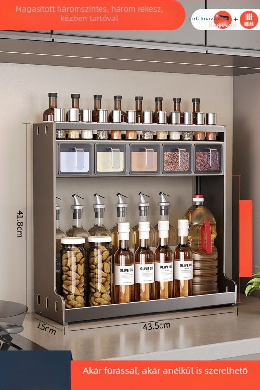 Fali fűszertartó — Ermo, rozsdamentes acél, fúrás nélkül, többszintes, modern minimalista dizájn