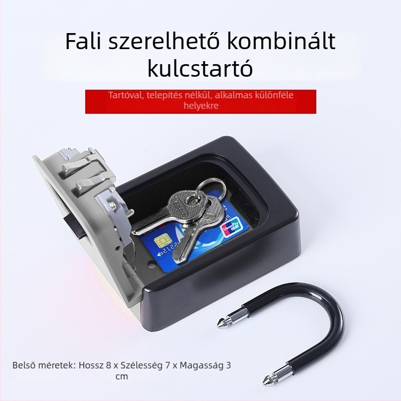 Mechanikus kulcstartó doboz kampóval, XL-901-2 modell, cink- és alumínium ötvözetből, záró rúd vastagsága 10 mm, rúd közötti távolság 40 mm, építkezésekre, ajtókra, panziókra és dekorációs cégekre