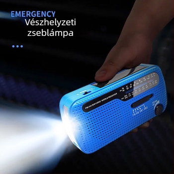 Kültéri vészfény LED FM/AM rádióval, napelemes és kézi felhúzású, USB töltés, multisáv vevő, 3.7V, 0.14W, 1000–1999mAh, frekvenciák 20–3000