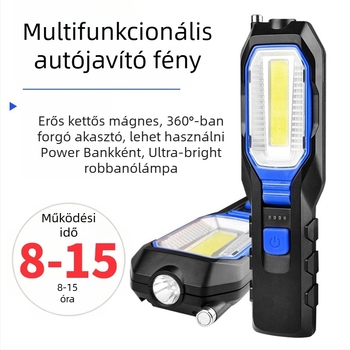 Mágneses munkalámpa COB LED-del, 10W, 1800mAh akkumulátor, újratölthető, autójavításra és kültéri használatra, fényhatótáv 50-100 m