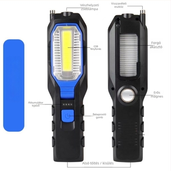 Mágneses munkalámpa COB LED-del, 10W, 1800mAh akkumulátor, újratölthető, autójavításra és kültéri használatra, fényhatótáv 50-100 m