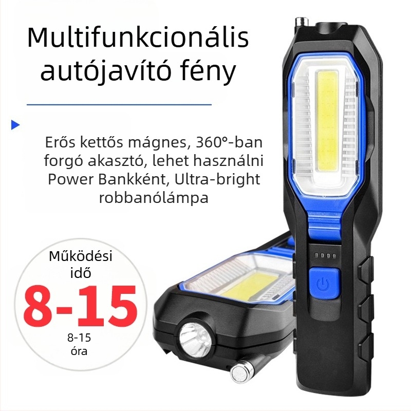 Mágneses munkalámpa COB LED-del, 10W, 1800mAh akkumulátor, újratölthető, autójavításra és kültéri használatra, fényhatótáv 50-100 m