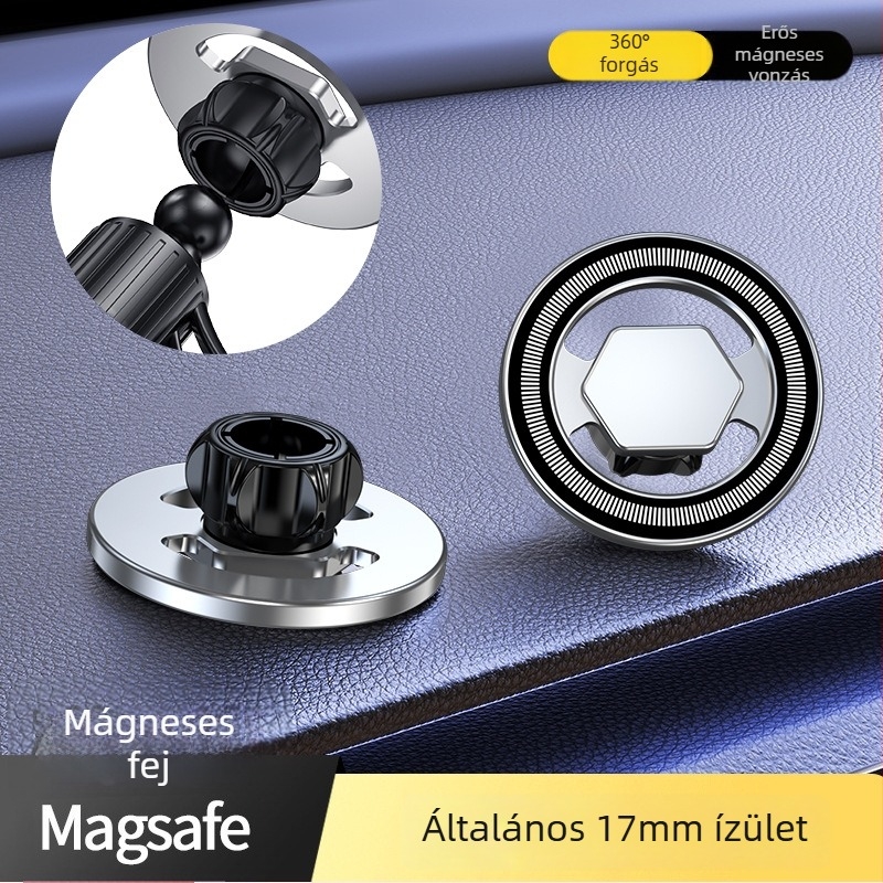 MagSafe gyűrűs mágnesfej autó-műszerfal tartóhoz, N52 mágnes, ABS műanyag, mágneses rögzítés, tartalmaz mágneslapot